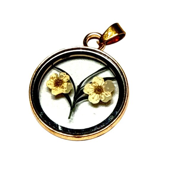 Pressed Flower Glass Pendant Round Botanical Necklace Vintage Style Jewelry - Picture 2 of 14
